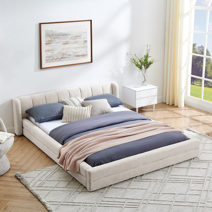 Modern upholstered bed frame in beige fabric with thick headboard and bedding by HouseOfZazla on Tampa Home & Garden Store