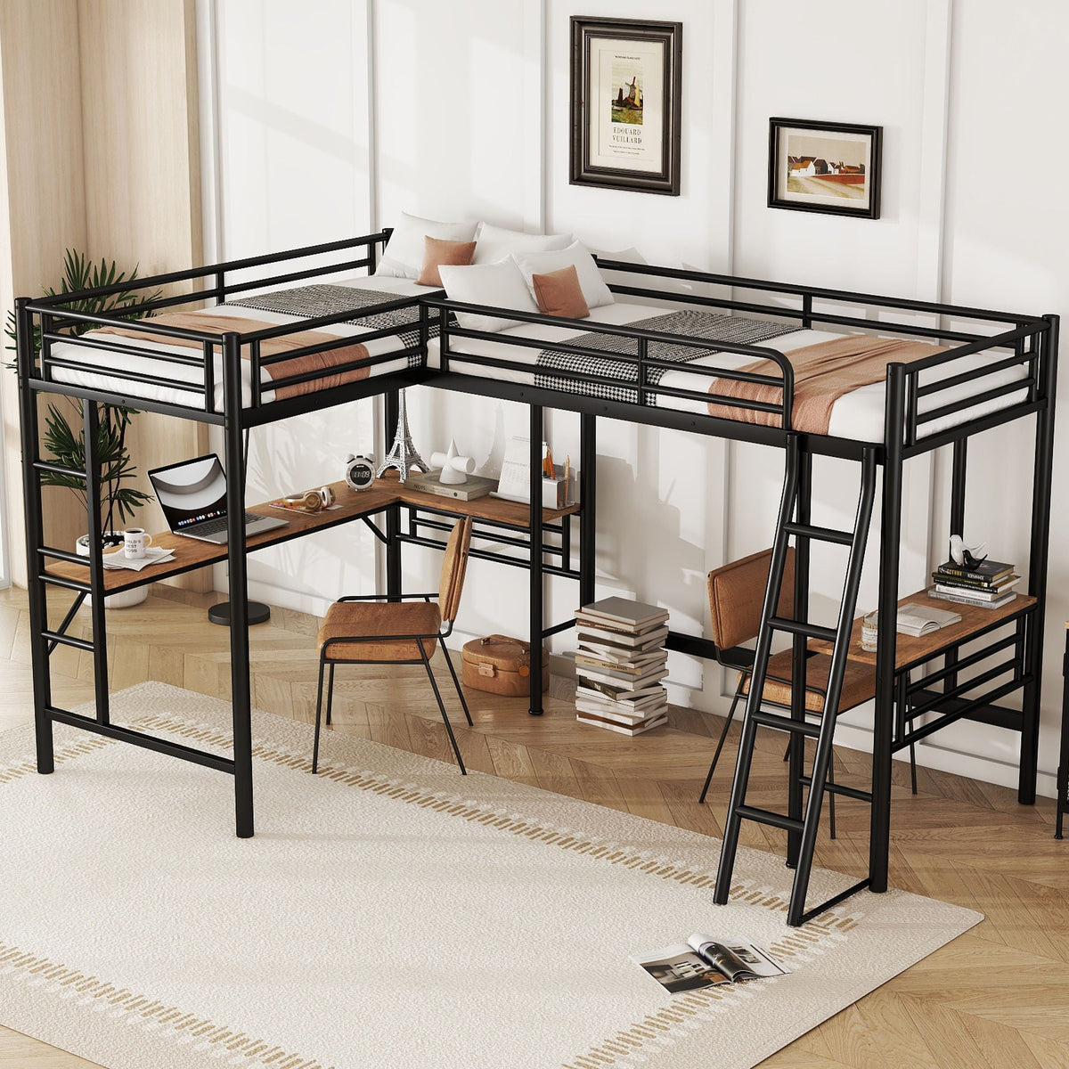 Twin loft bed with 2 built-in desks, black metal frame, Mission style, HouseOfZazla on Tampa Home & Garden Store