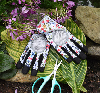 High Performance Glove Garden of Paradise pair by Womanswork; floral fabric, grey mesh palm, black-tipped fingers on Tampa Home & Garden Store