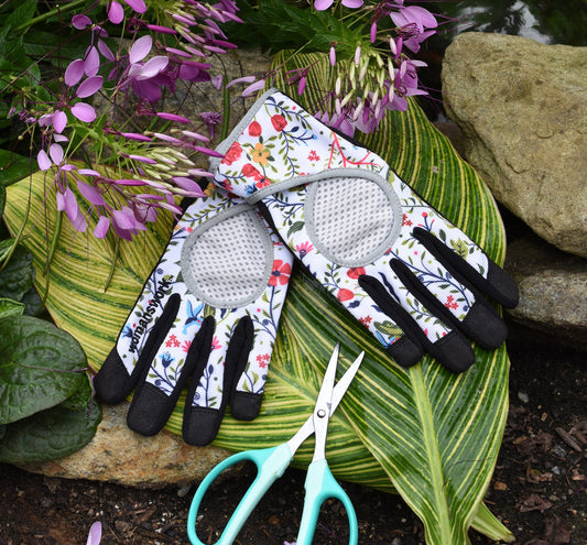 High Performance Glove Garden of Paradise pair by Womanswork; floral fabric, grey mesh palm, black-tipped fingers on Tampa Home & Garden Store