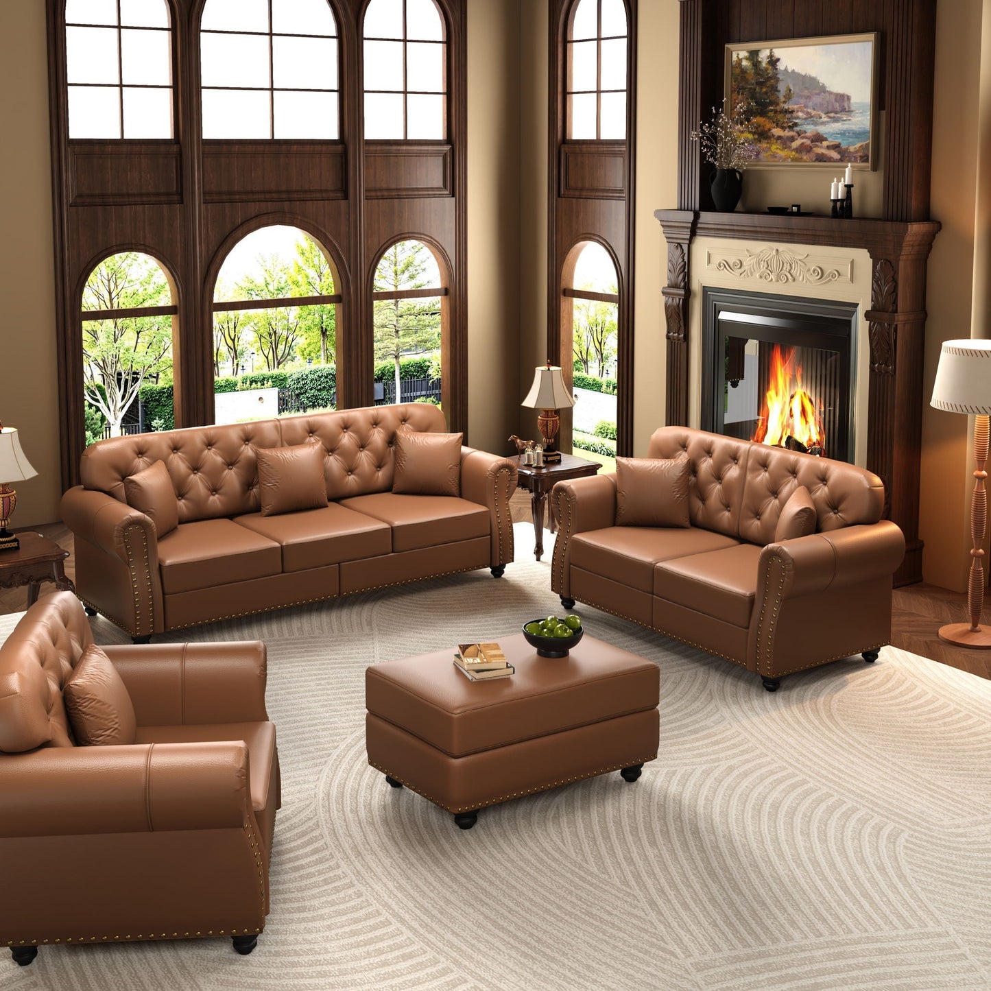 Upholstered Sofa with Nailhead and Ottoman