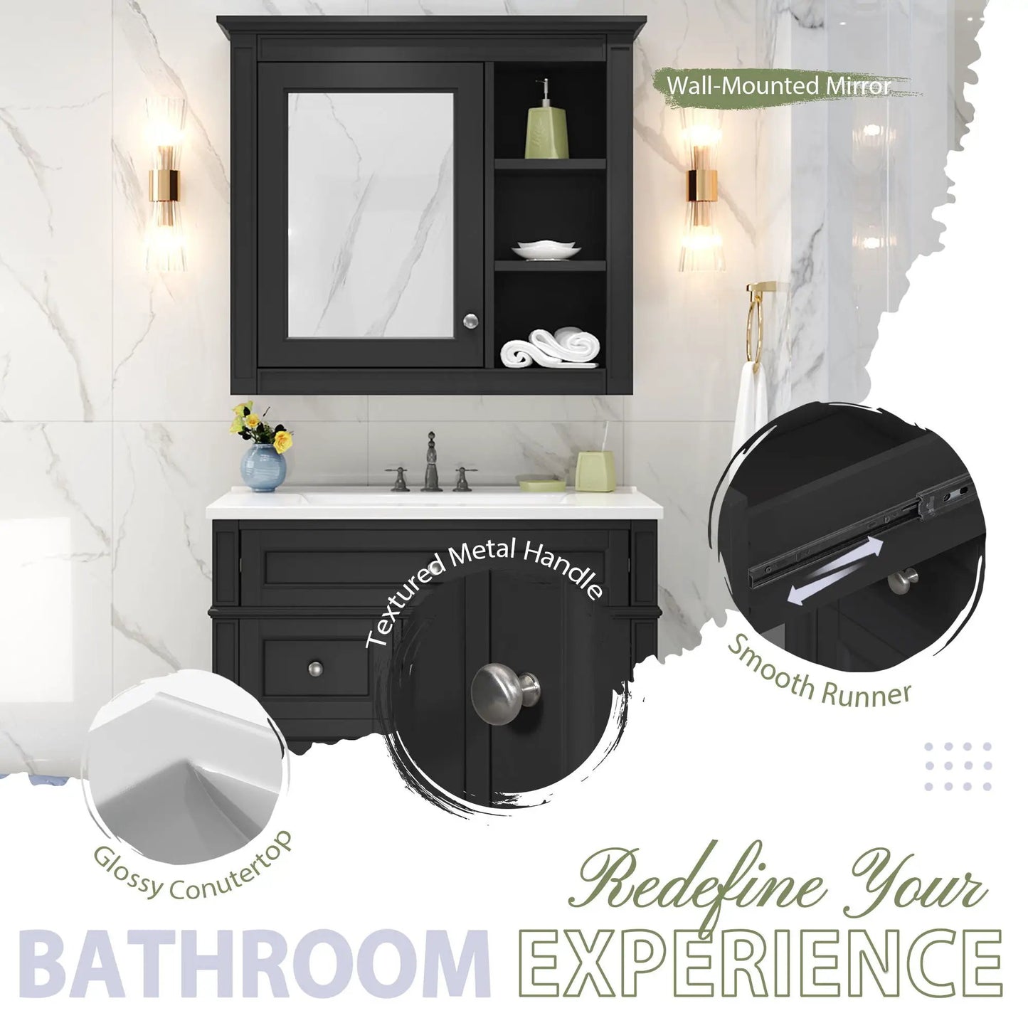 Black vanity with medicine cabinet and 2 soft-close doors, 4 drawers Royal Mirror Cabinet on Tampa Home & Garden Store
