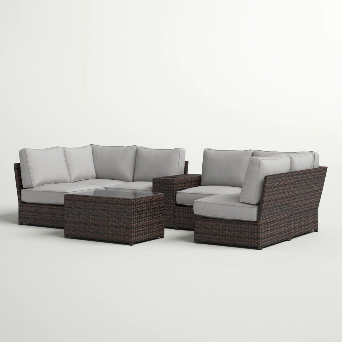 4-piece modular wicker patio seating with gray cushions and glass coffee table by HouseOfZazla on Tampa Home & Garden Store