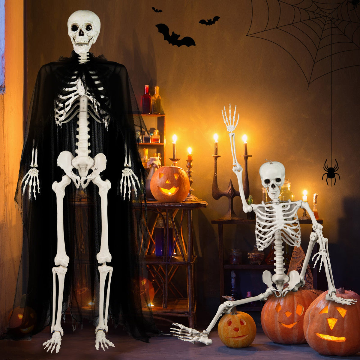 5.4 ft Halloween skeletons life-size DirectDeals with black capes among pumpkins and candles on Tampa Home & Garden Store