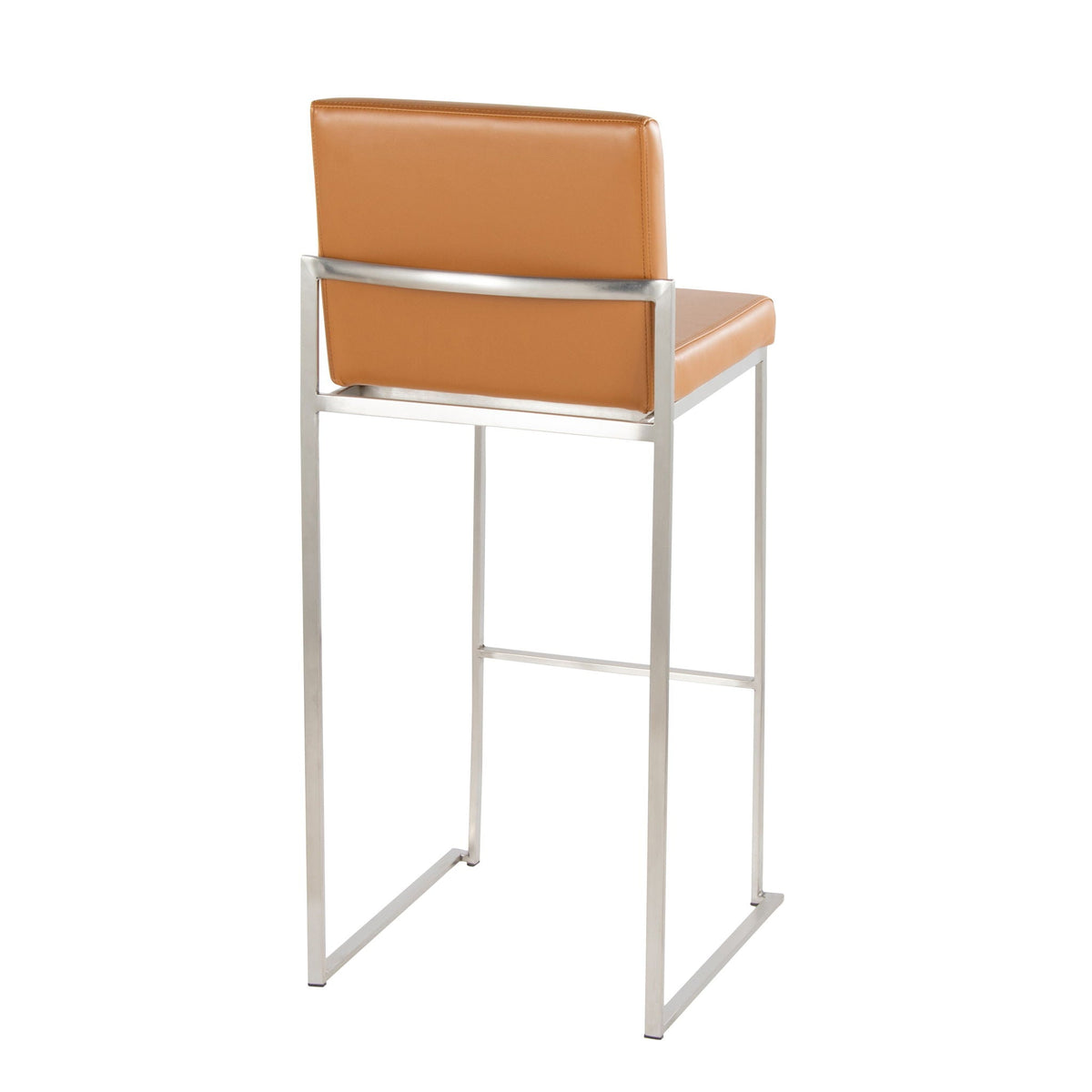 Contemporary high back barstool with tan upholstered seat and brushed metal frame on Tampa Home & Garden Store