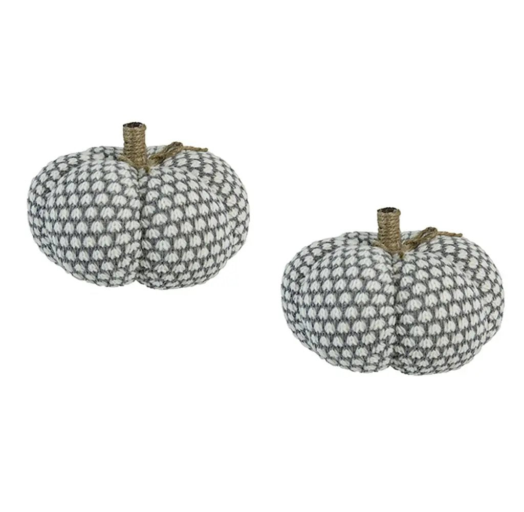 Knite knitted pumpkin ornament decor set of 2, black-and-white knit with rope stems on Tampa Home & Garden Store