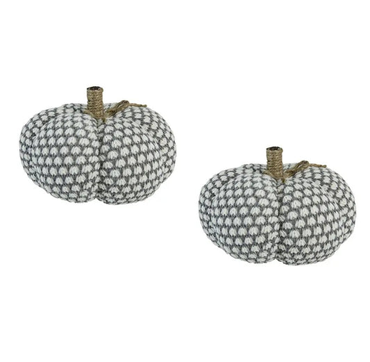 Knite knitted pumpkin ornament decor set of 2, black-and-white knit with rope stems on Tampa Home & Garden Store