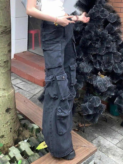 Retro black women's multi-pocket cargo pants with a loose fit on Tampa Home & Garden Store