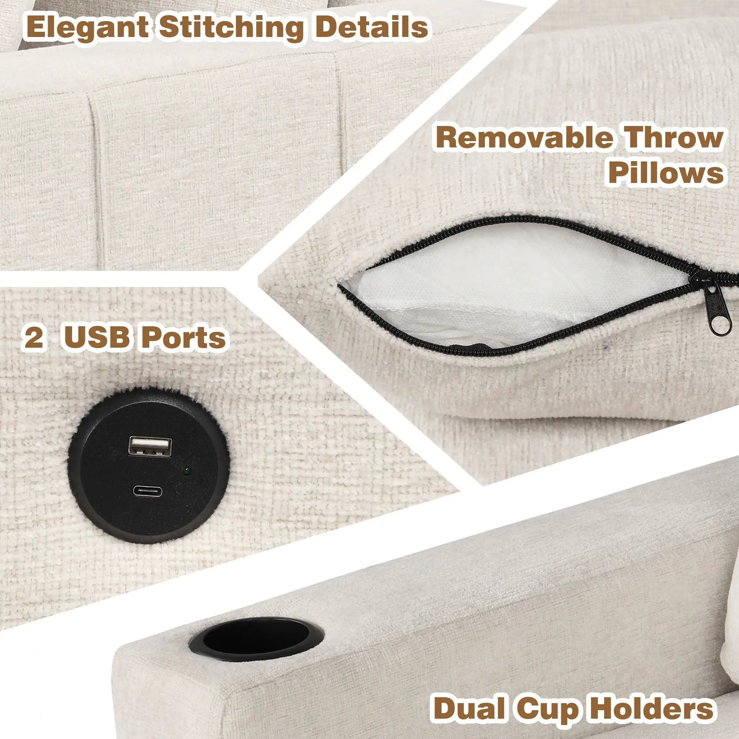 2-Piece Sectional Sofa in beige with movable storage ottoman and USB ports on Tampa Home & Garden Store