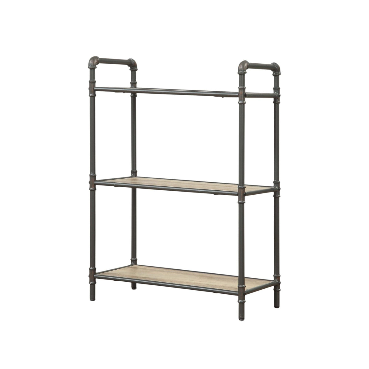 Light brown bookshelf with durable metal pipe frame, 26W x 14D x 49H, HouseOfZazla etagere on Tampa Home & Garden Store