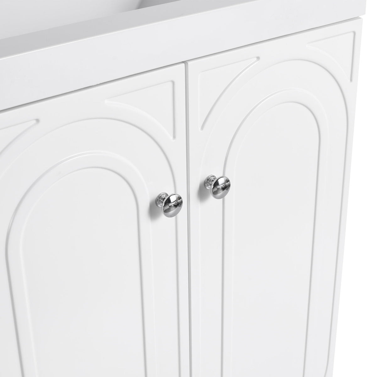 White freestanding bathroom vanity with two decorative circular panel doors and chrome knobs on Tampa Home & Garden Store