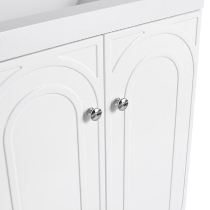 White freestanding bathroom vanity with two decorative circular panel doors and chrome knobs on Tampa Home & Garden Store