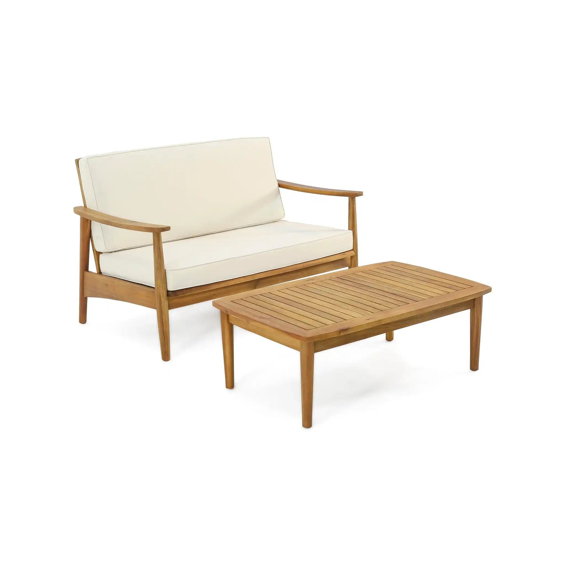 Outdoor Acacia Wood Loveseat Set with Coffee Table, 2-piece outdoor furniture with cream cushions and slatted table on Tampa Home & Garden Store