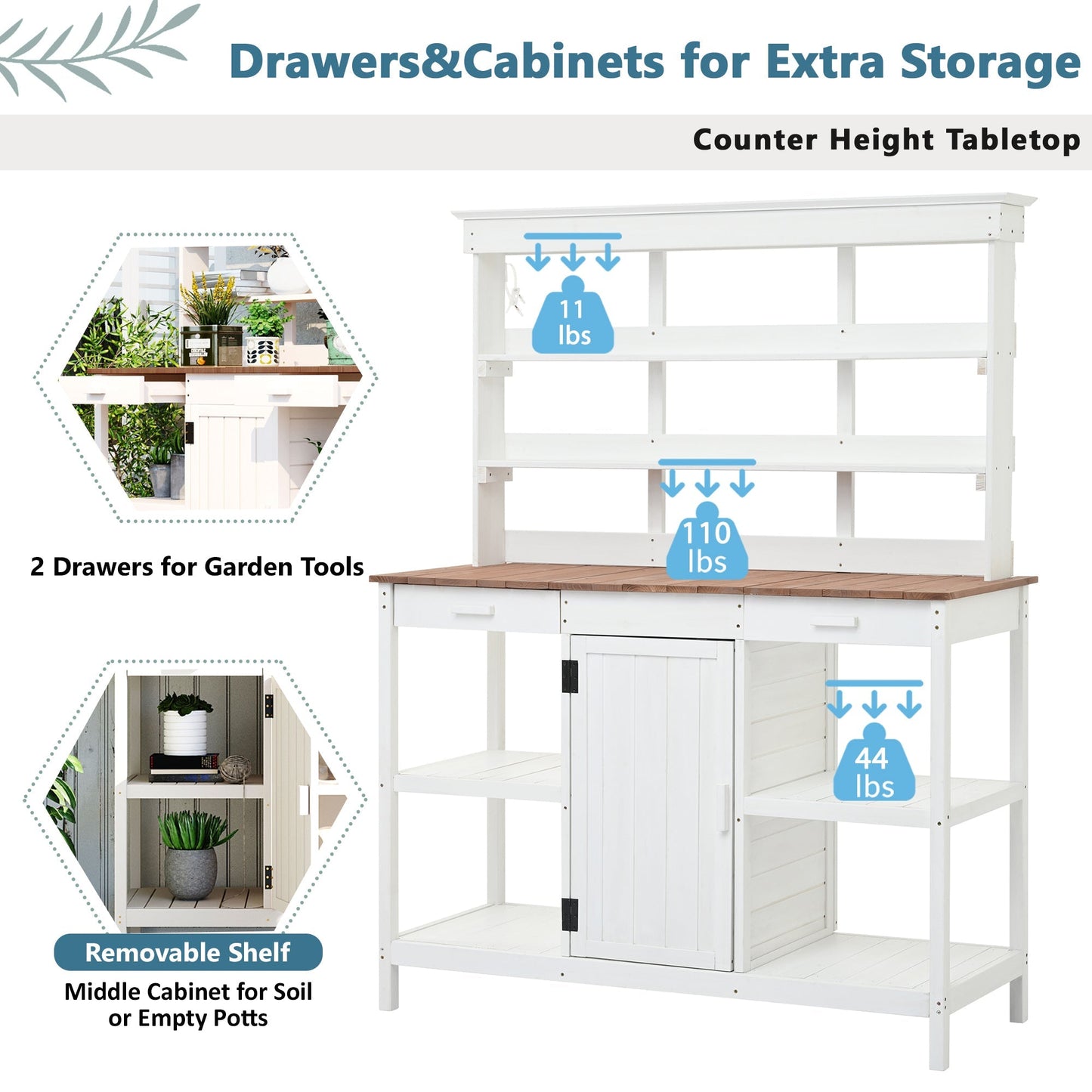 Topmax 66in farmhouse wooden potting bench white with drawers & cabinet HouseOfZazla on Tampa Home & Garden Store