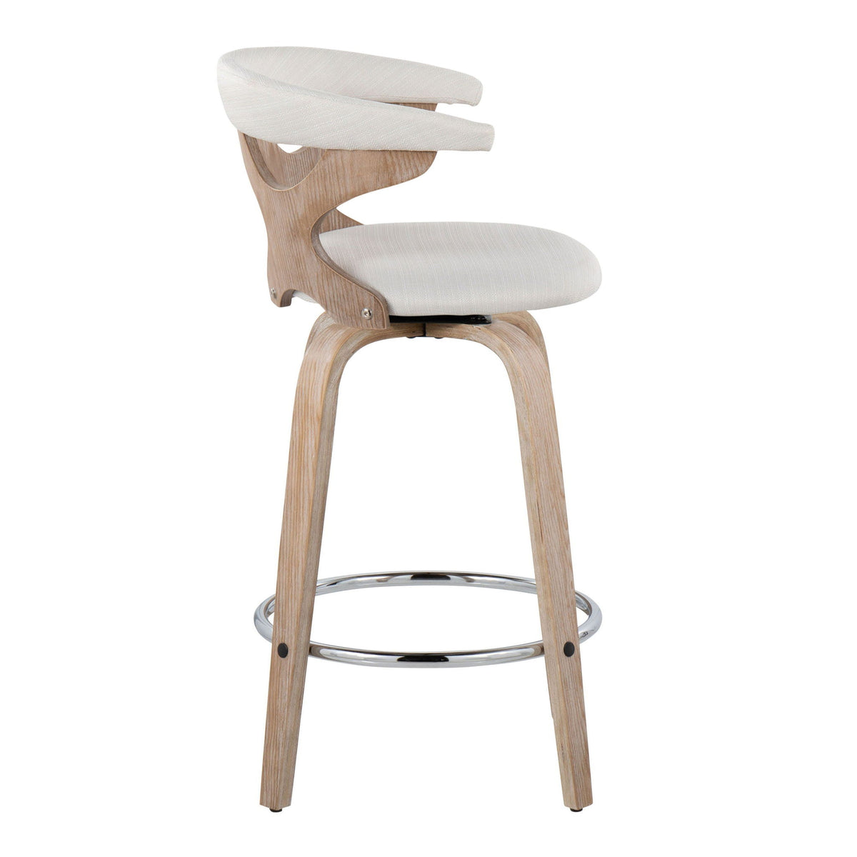 Mid Century Modern fixed-height counter stool in wood with beige upholstery and swivel on Tampa Home & Garden Store