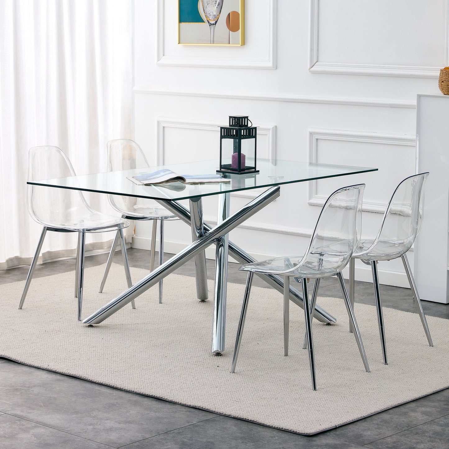 6-piece transparent acrylic dining chair set by HouseOfZazla around a glass dining table on Tampa Home & Garden Store