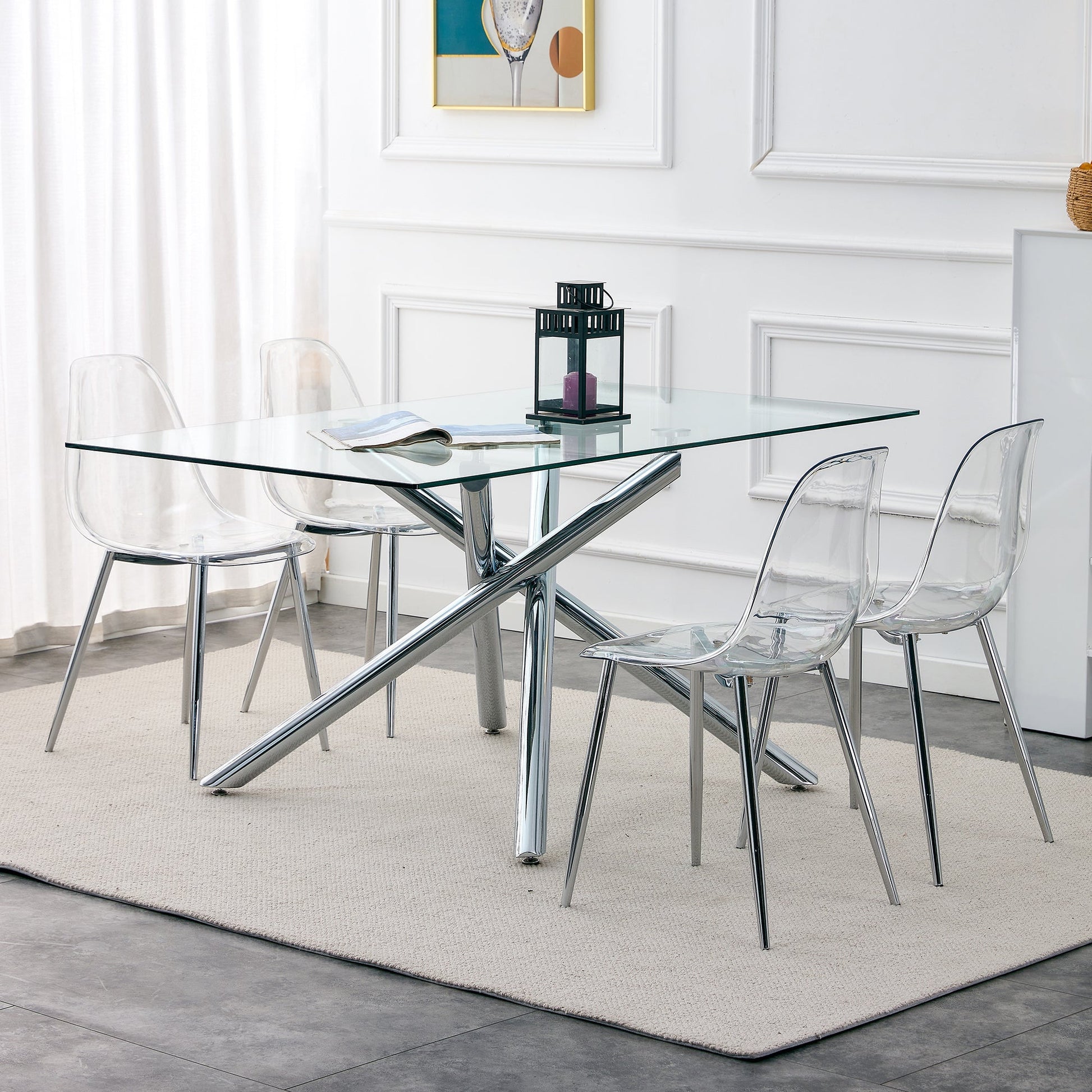 6-piece transparent acrylic dining chair set by HouseOfZazla around a glass dining table on Tampa Home & Garden Store