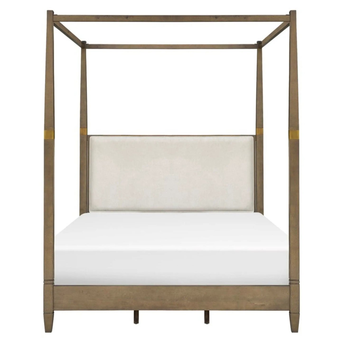 Queen canopy bed frame with upholstered beige headboard, brown wood finish on Tampa Home & Garden Store