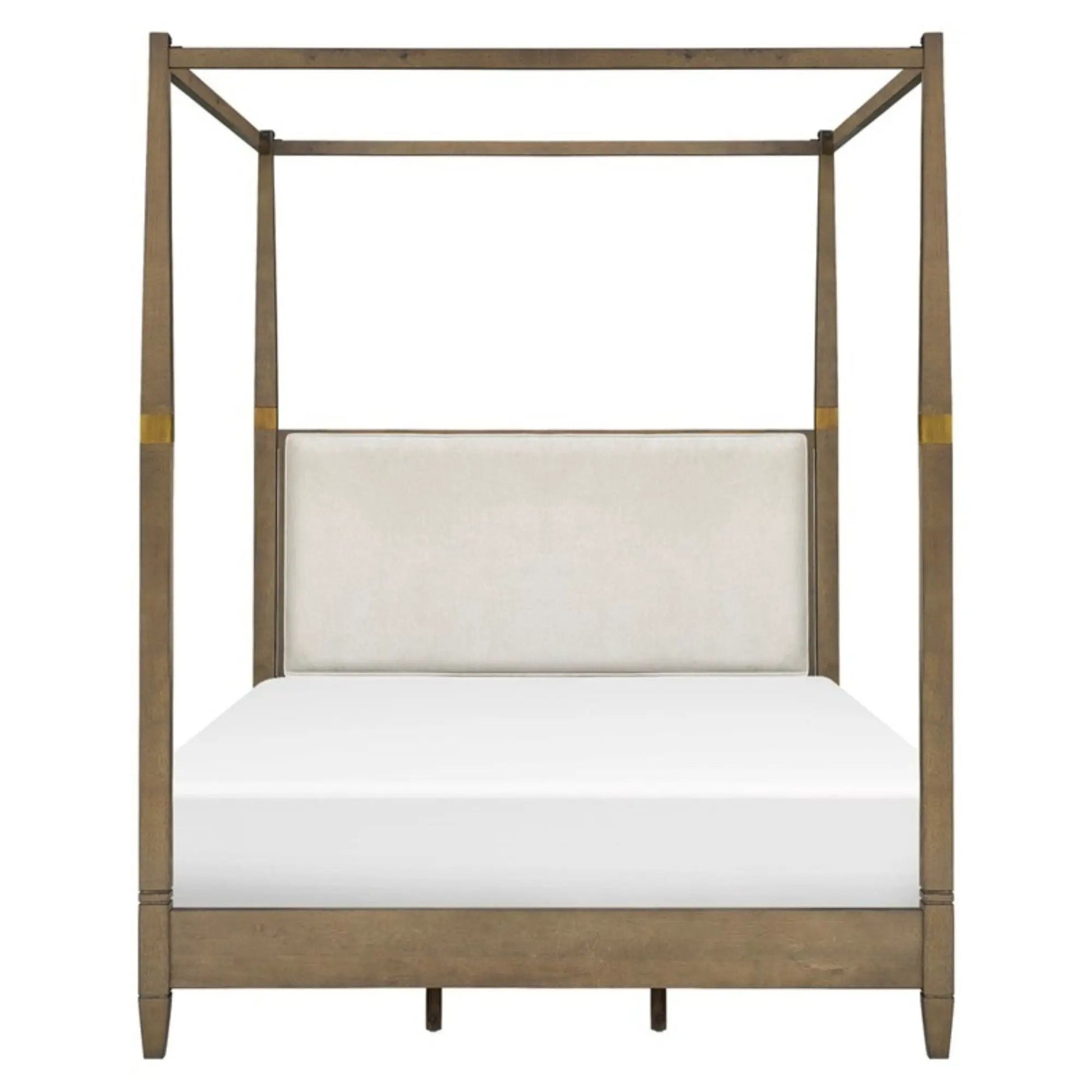 Queen canopy bed frame with upholstered beige headboard, brown wood finish on Tampa Home & Garden Store