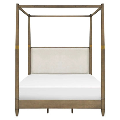Queen canopy bed frame with upholstered beige headboard, brown wood finish on Tampa Home & Garden Store