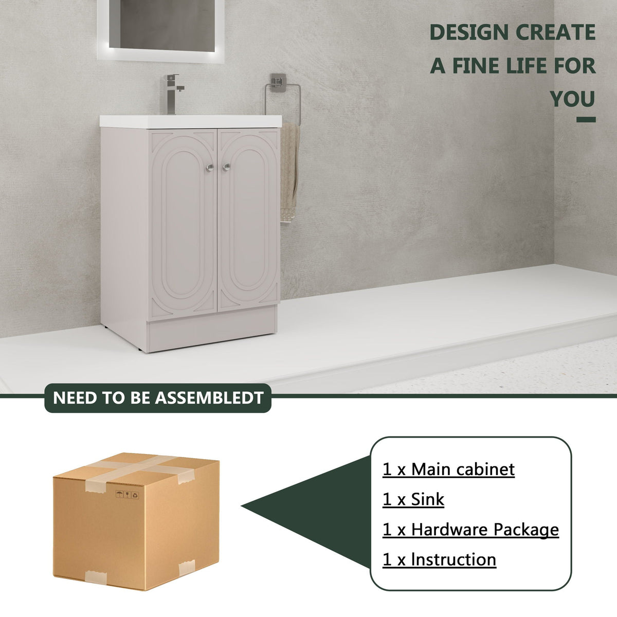HouseOfZazla freestanding bath vanity with resin sink, pale grey arched panel doors on Tampa Home & Garden Store