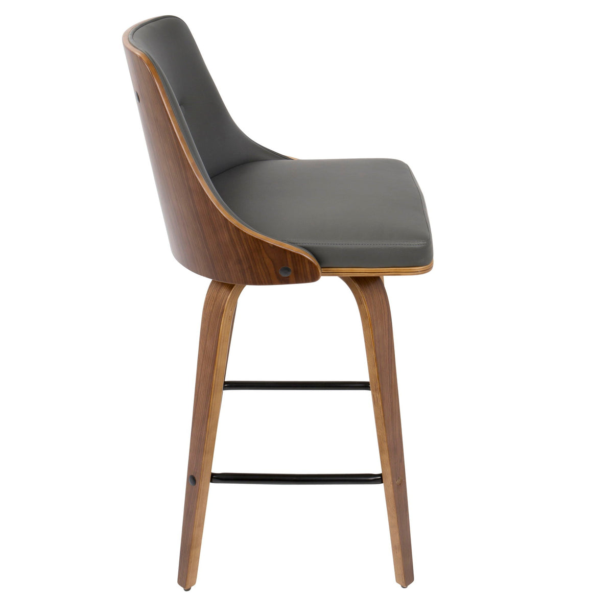 Mid Century Modern counter stool with swivel, gray upholstered seat and wood curved frame on Tampa Home & Garden Store