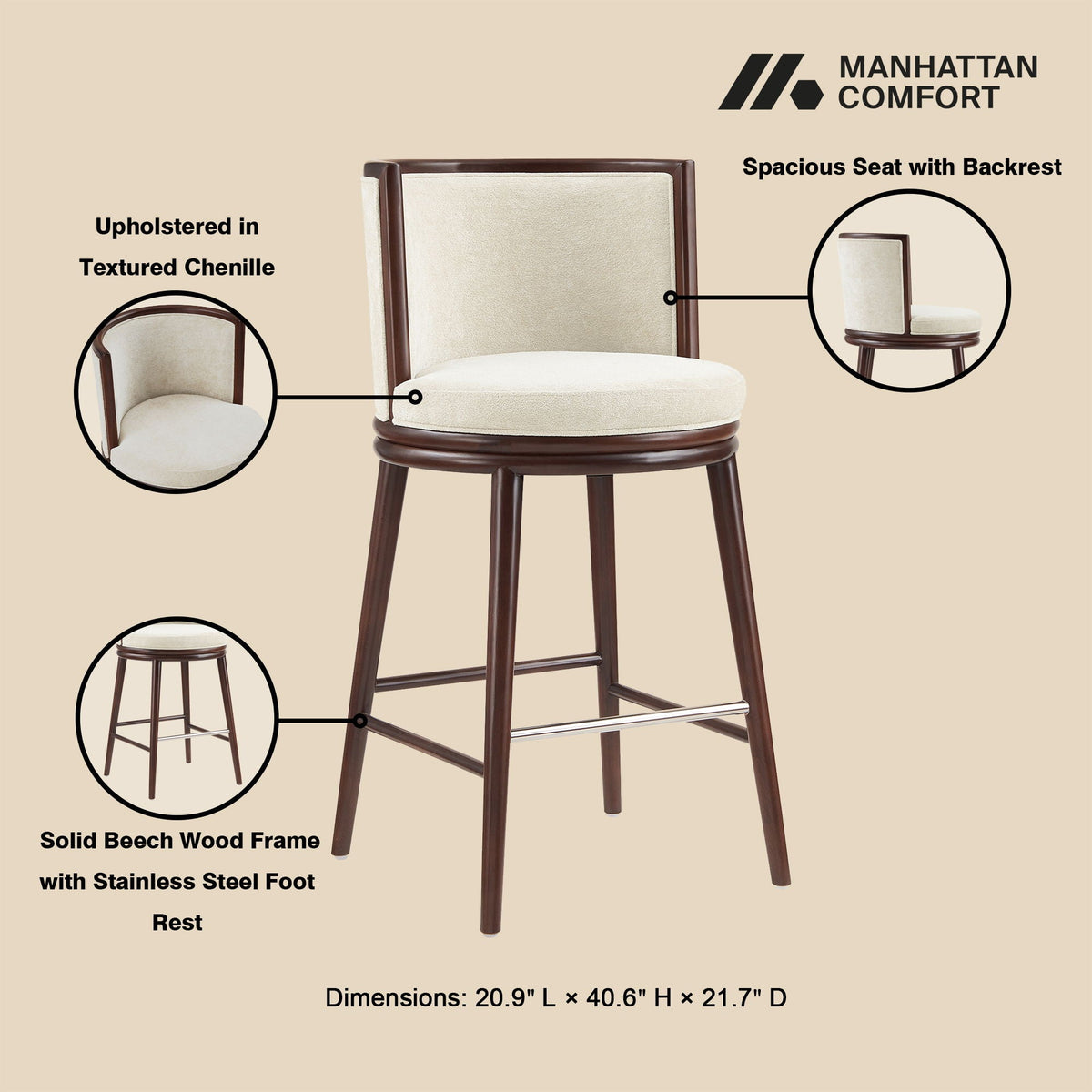 Evalyn Barstool by HouseOfZazla, beige textured chenille upholstery, beech wood frame on Tampa Home & Garden Store