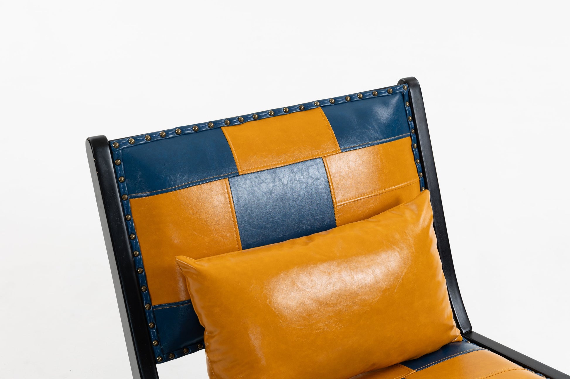 Accent chair HouseOfZazla modern boho blue/orange patchwork leather with brass studs on Tampa Home & Garden Store