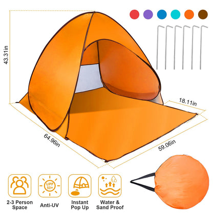 GemGear pop-up beach tent orange for 2–3 people, anti-UV, includes 6 stakes & storage bag on Tampa Home & Garden Store