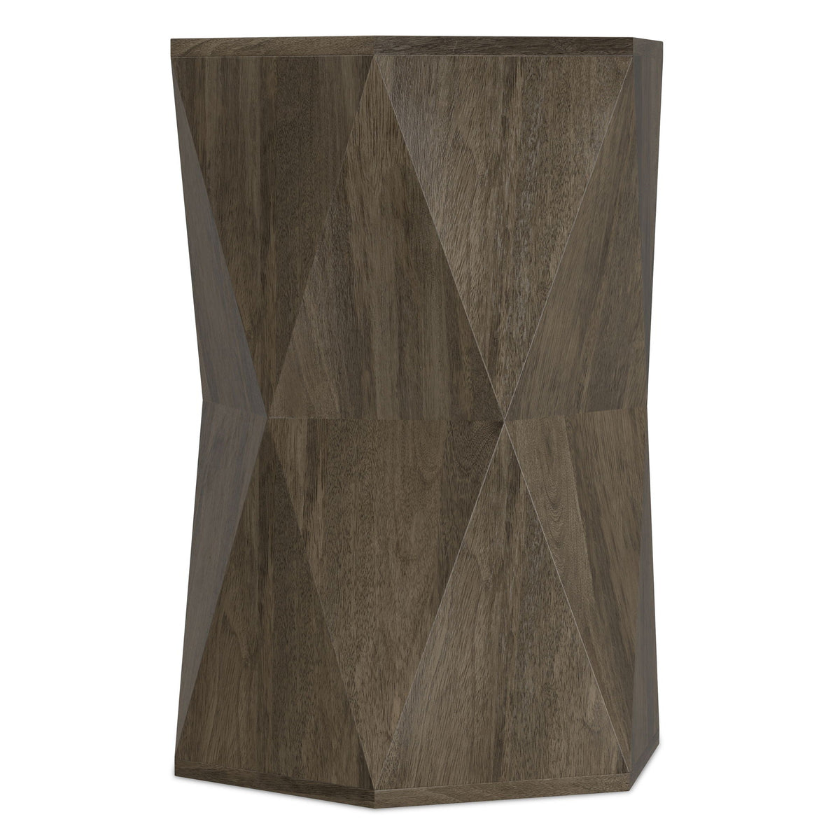 Mckinley Side Table with sculptural geometric faceted panels in dark brown wood finish on Tampa Home & Garden Store