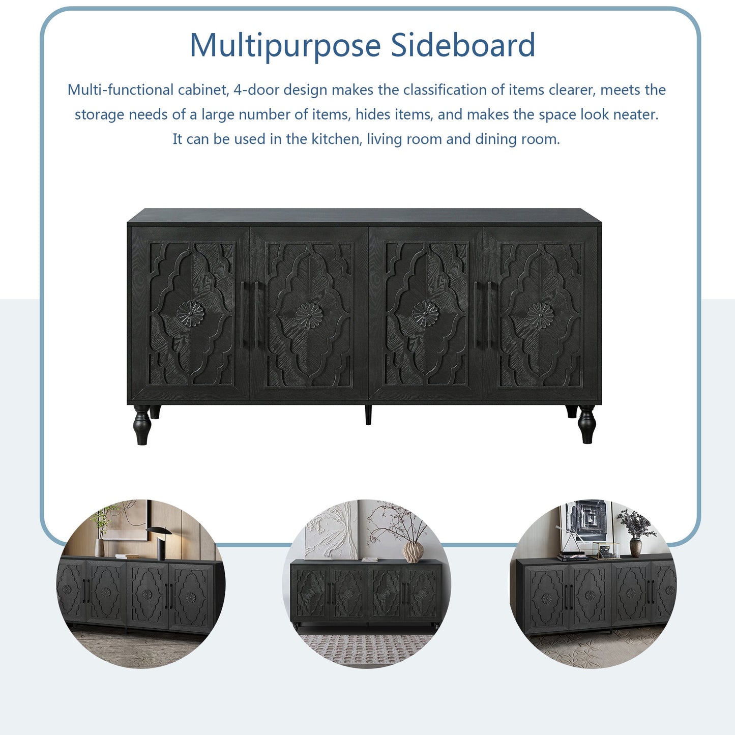 Carved Flower Door Large Storage Cabinet black wood, four-door design on Tampa Home & Garden Store
