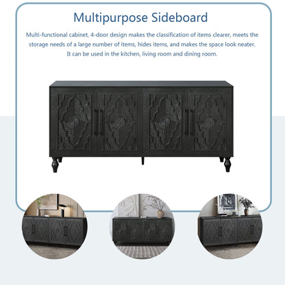 Carved Flower Door Large Storage Cabinet black wood, four-door design on Tampa Home & Garden Store