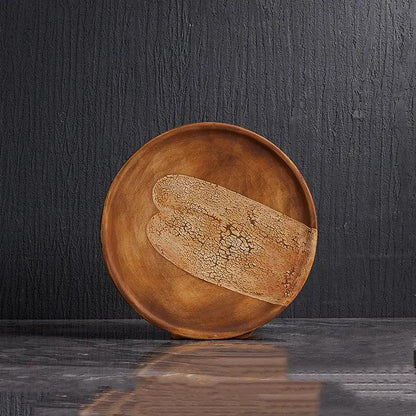 Round wood-grain ceramic flat vase with crackled beige band decor for living room on Tampa Home & Garden Store