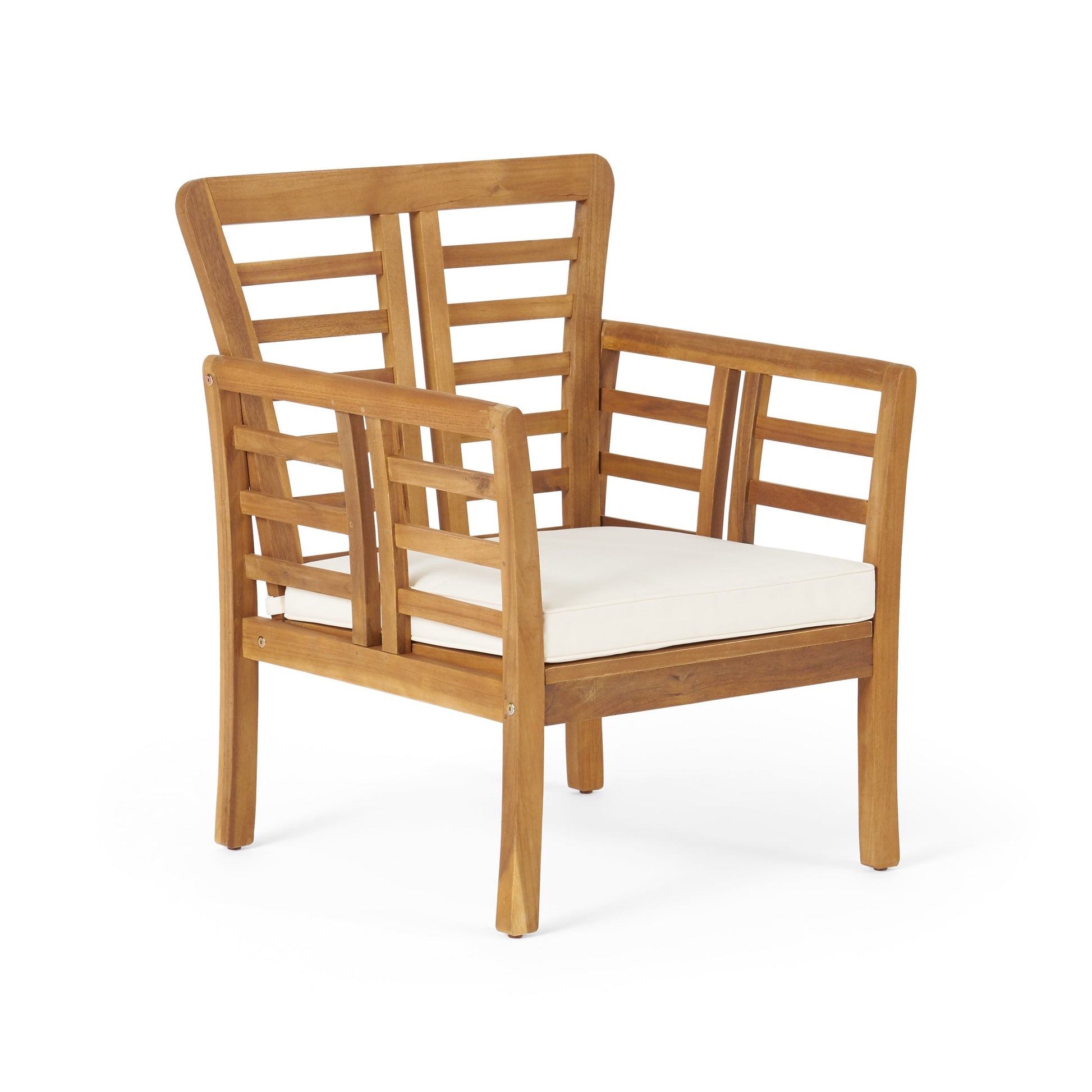 HouseOfZazla Caydon 2 Club Chairs + Table in natural wood with white cushions outdoor set on Tampa Home & Garden Store