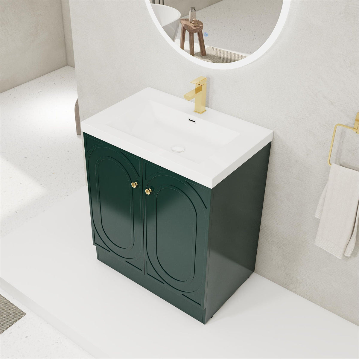 Green freestanding vanity with white resin sink and gold faucet, round-panel doors, HouseOfZazla on Tampa Home & Garden Store