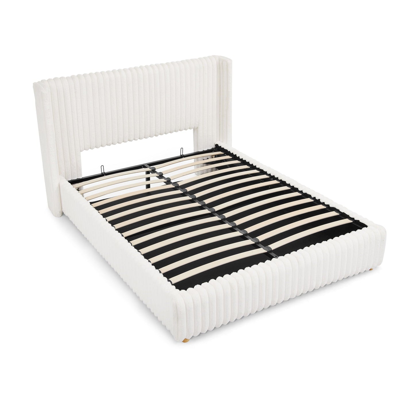 Storage bed with white vertical striped upholstery and gas-lift storage by HouseOfZazla on Tampa Home & Garden Store