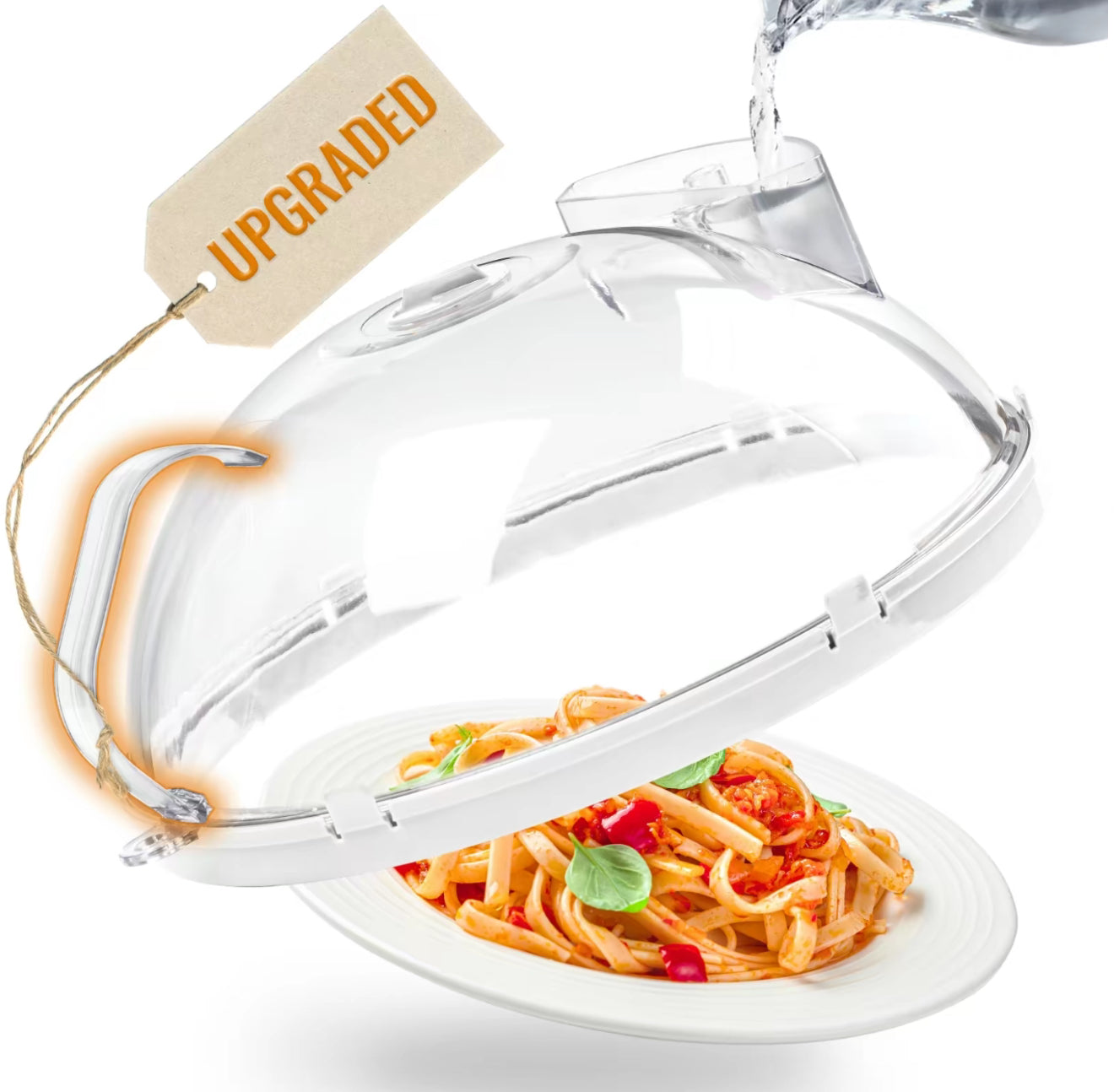 SteamGuard Microwave Cover, clear dome with white rim, shown over pasta on Tampa Home & Garden Store