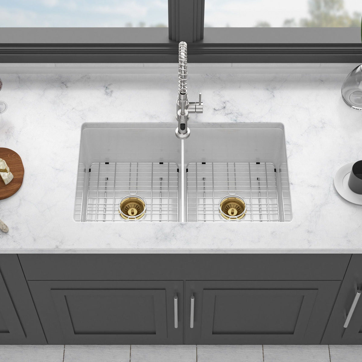 32in HouseOfZazla dual-bowl kitchen sink with stainless steel grids and spring pull-down faucet on Tampa Home & Garden Store