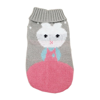 Christmas Maple Snowflake Knitted Pet Sweater gray body with white bunny, pink hem on Tampa Home & Garden Store
