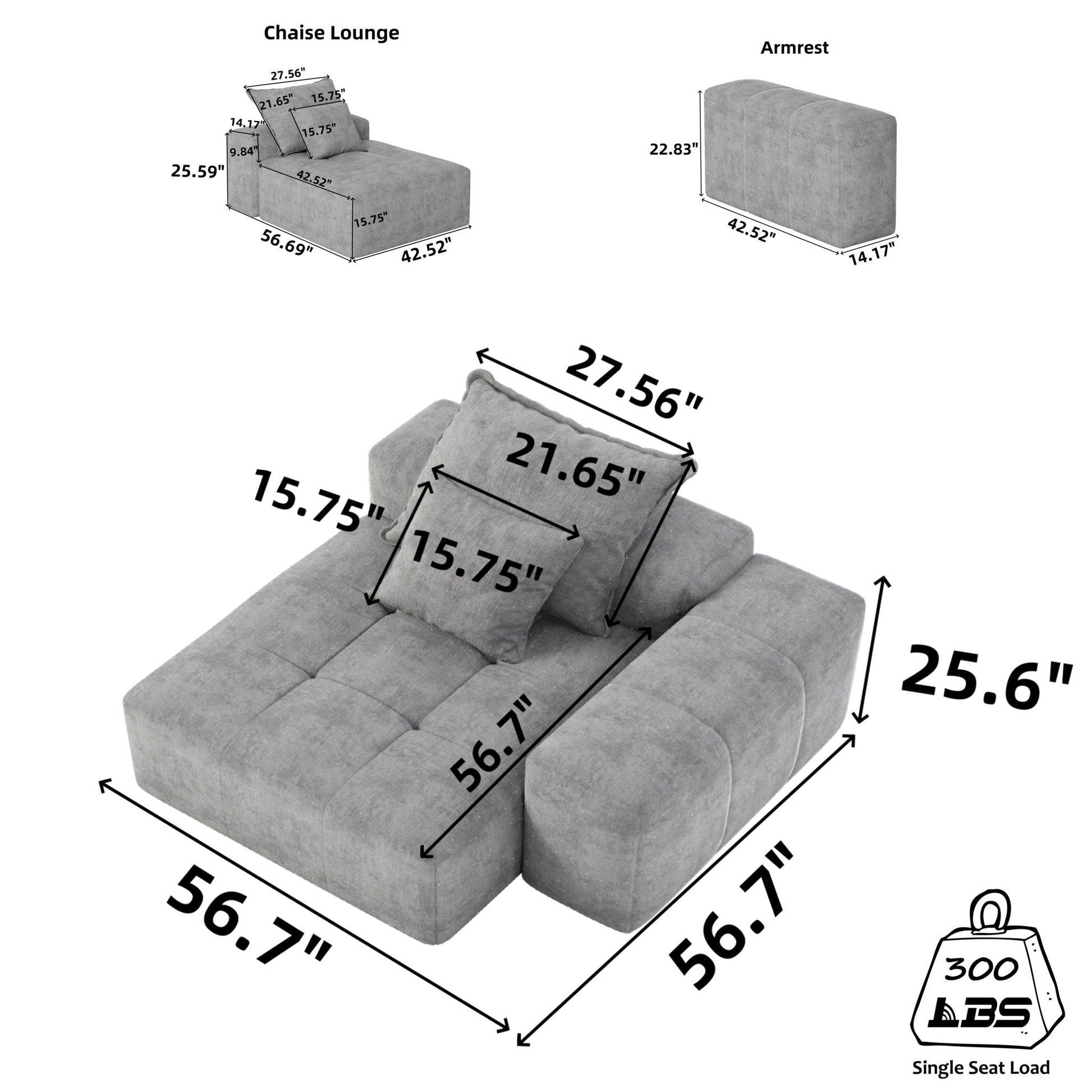 Modular chaise lounge sectional in grey sparkling chenille fabric by HouseOfZazla on Tampa Home & Garden Store