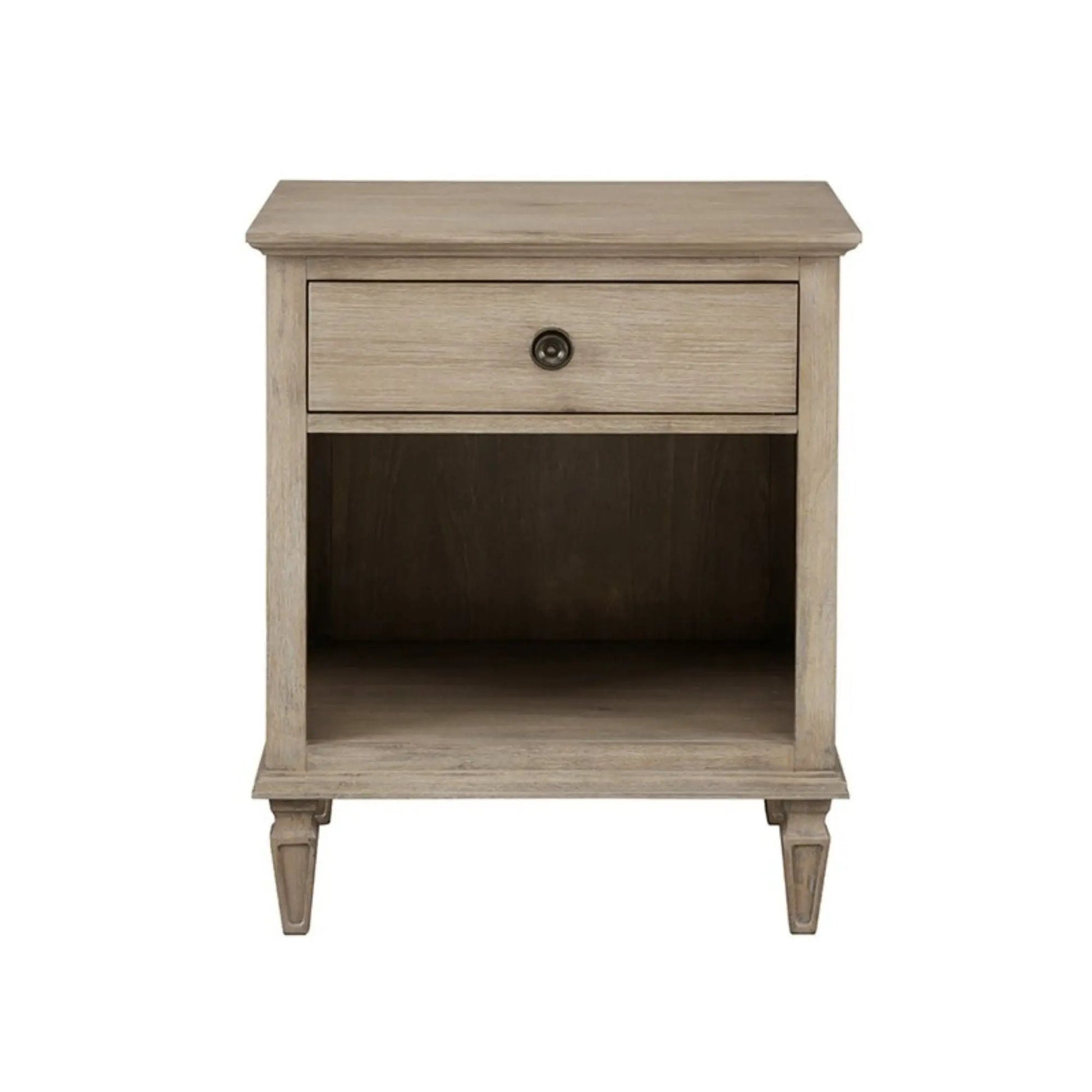 Victoria nightstand with open storage in light oak finish, single drawer, carved legs on Tampa Home & Garden Store