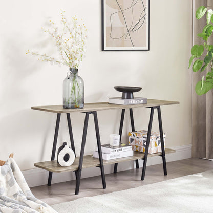 Pair of modern console tables with carbon steel legs and light wood tops on Tampa Home & Garden Store
