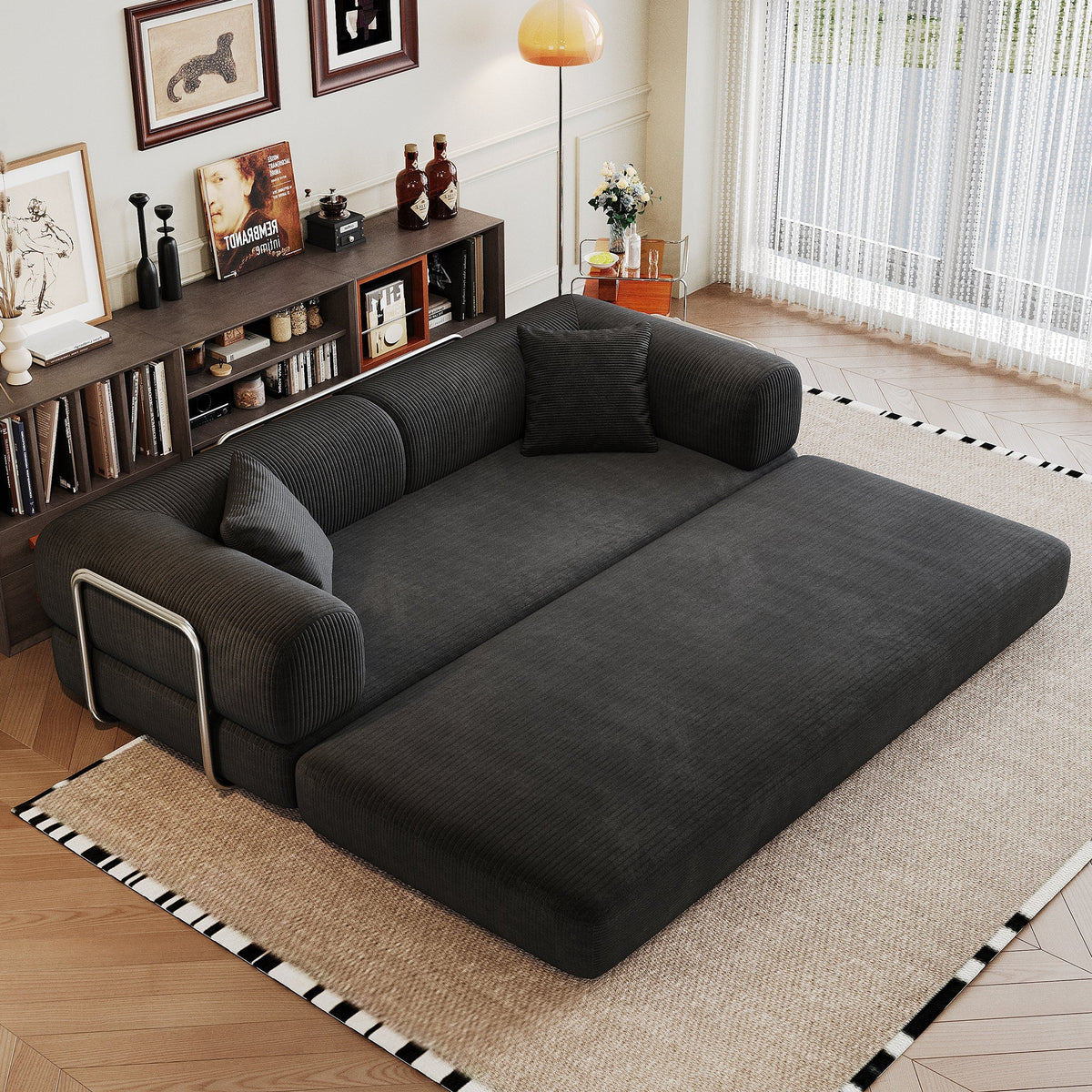 Corduroy modular sectional sofa, black with metal frame arms on Tampa Home & Garden Store