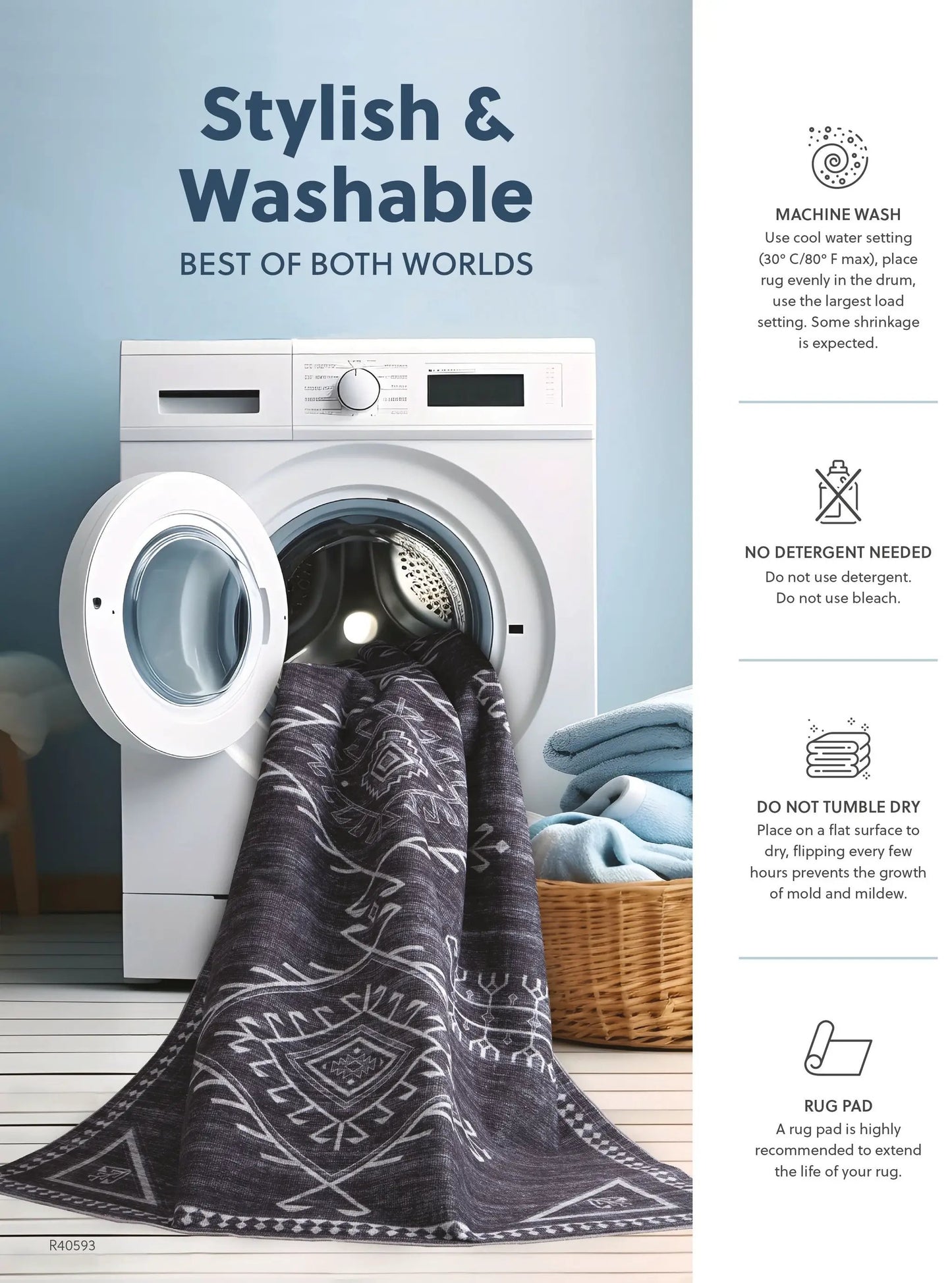 Gregmoore Area Rug, washable rug by Unique Piece Furniture, draped over a washing machine on Tampa Home & Garden Store
