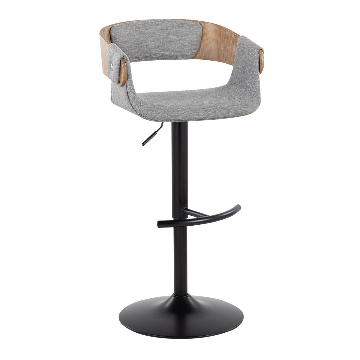 Mid-Century Modern adjustable barstool with swivel, gray fabric seat, wood arms, black pedestal on Tampa Home & Garden Store