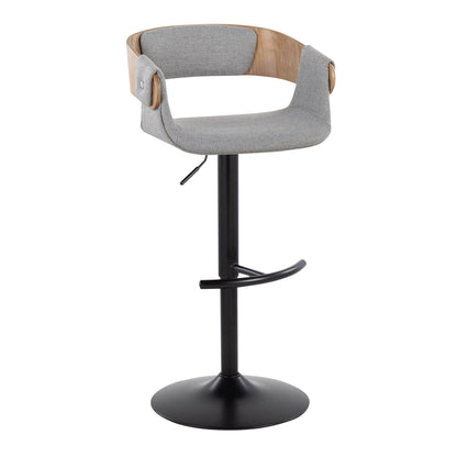 Mid-Century Modern adjustable barstool with swivel, gray fabric seat, wood arms, black pedestal on Tampa Home & Garden Store