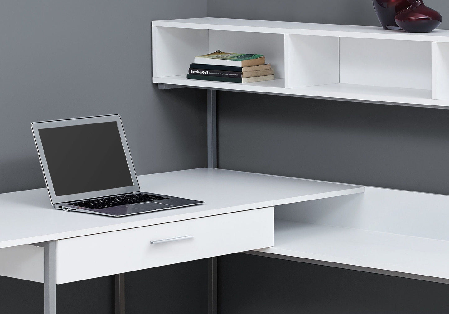 L-Shaped corner computer desk with storage drawers, white finish and open cubby shelf on Tampa Home & Garden Store
