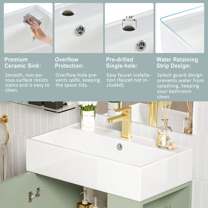 Bathroom vanity with single ceramic sink, white countertop, sage green cabinet, gold faucet on Tampa Home & Garden Store