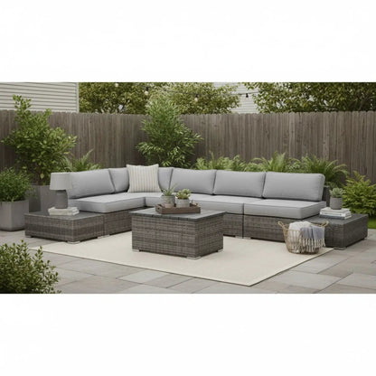 3 Piece Outdoor Sectional Set in gray wicker with light gray cushions on a patio on Tampa Home & Garden Store