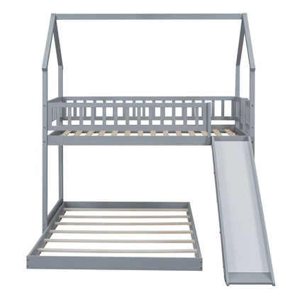 HouseOfZazla gray bunk bed with built-in ladder and slide, metal frame, wooden slat base on Tampa Home & Garden Store